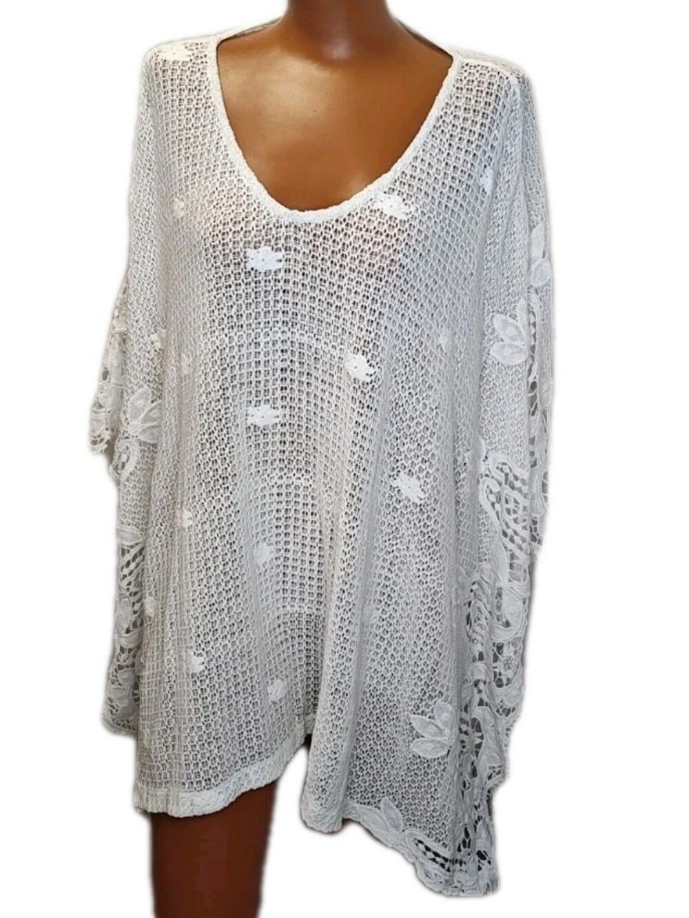 Muche Et Muchette Boho Crochet Cover-up Poncho Top White Floral Embroidered O/S